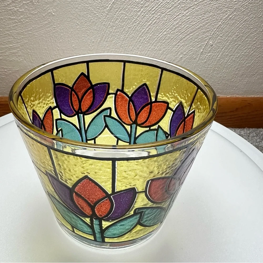 Vintage MCM West Virginia Tulip Design Faux Stained Glass Ice Bucket / Planter